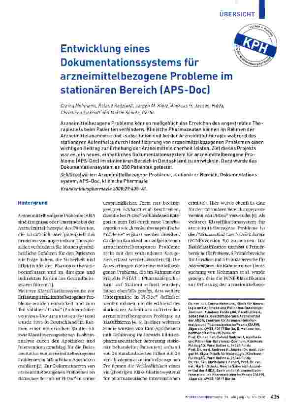 Vorschauseite 1: Entwicklung eines Dokumentationssystems für arzneimittelbezogene Probleme im stationären Bereich (APS-Doc)
