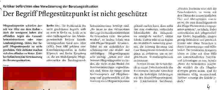 Vorschauseite 1: Kritiker befürchten eine Verwässerung der BeratungssituationDer Begriff Pflegestützpunkt ist nicht geschützt