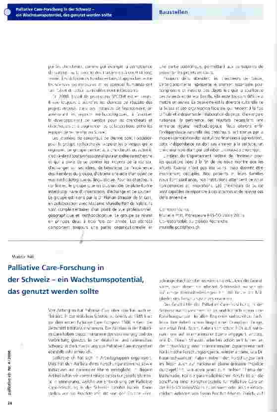 Vorschauseite 1: Palliative Care-Forschung in der Schweiz - ein Wachstumspotential, das genutzt werden sollte