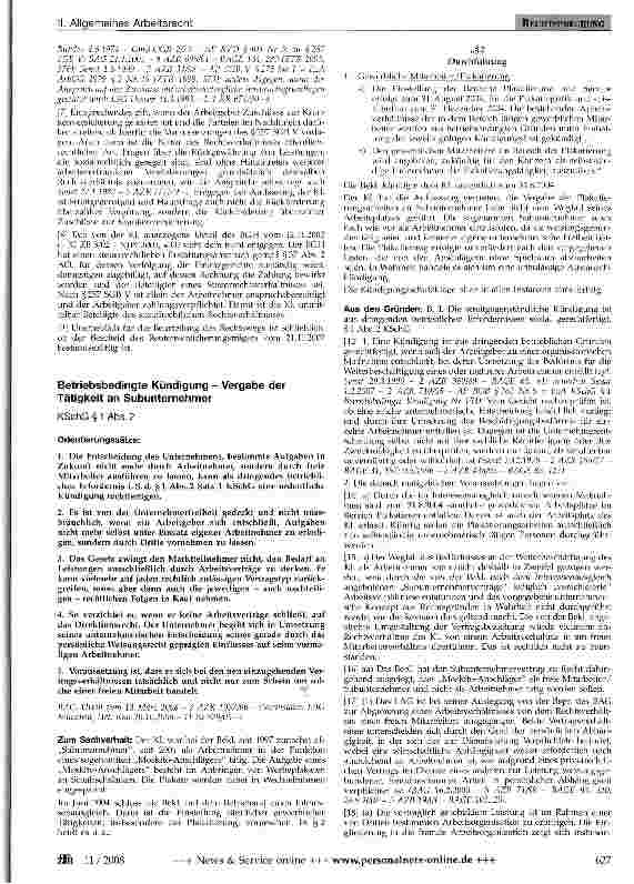 Vorschauseite 1: Betriebsbedingte Kündigung - Vergabe der Tätigkeit an SubunternehmerKSchG§1 Abs. 2