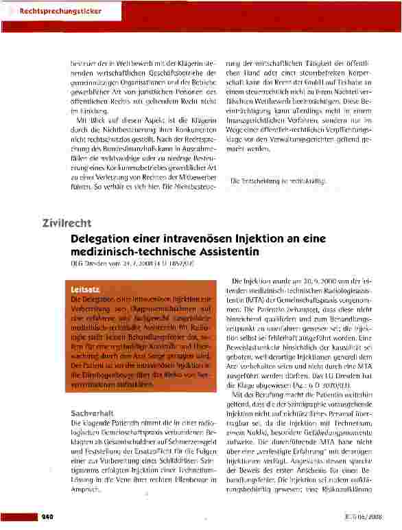 Vorschauseite 1: Delegation einer intravenösen Injektion an eine medizinisch-technische AssistentinZivilrecht