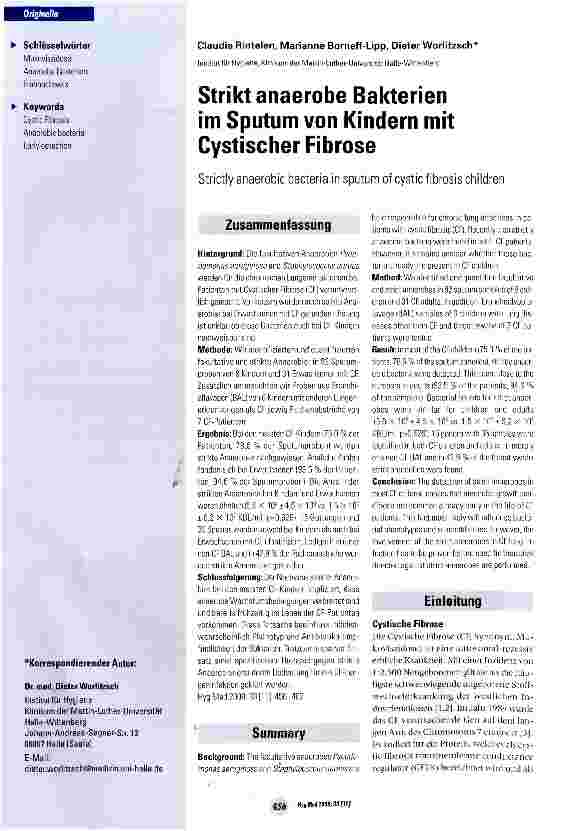 Vorschauseite 1: Strikt anaerobe Bakterien im Sputum von Kindern mit Cystischer Fibröse