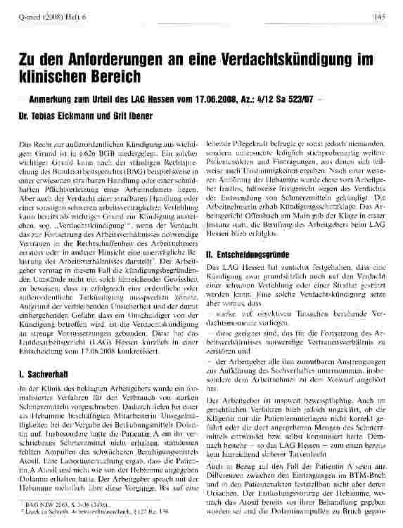 Vorschauseite 1: Zu den Anforderungen an eine Verdachtskündigung im klinischen Bereich