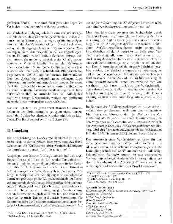 Vorschauseite 2: Zu den Anforderungen an eine Verdachtskündigung im klinischen Bereich