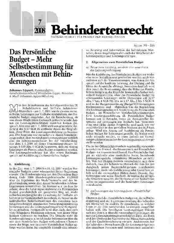 Vorschauseite 1: Das Persönliche Budget - Mehr Selbstbestimmung für Menschen mit Behinderungen