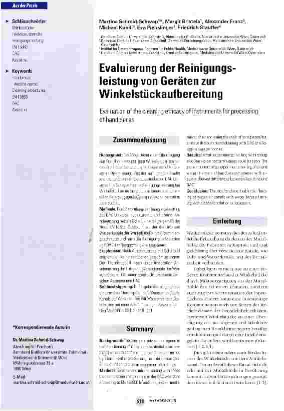 Vorschauseite 1: Evaluierung der Reinigungsleistung von Geräten zur Winkelstückaufbereitung