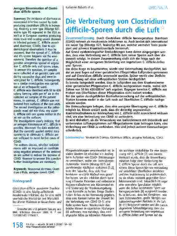 Vorschauseite 1: Die Verbreitung von Clostridium difficile-Sporen durch die Luft
