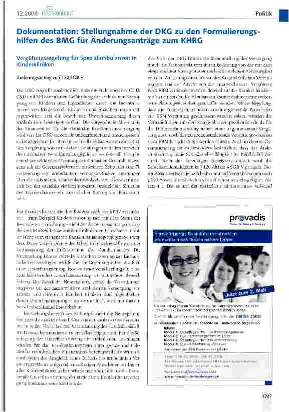 Vorschauseite 1: Dokumentation: Stellungnahme der DKG zu den Formulierungshilfen des BMG für Änderungsanträge zum KHRG