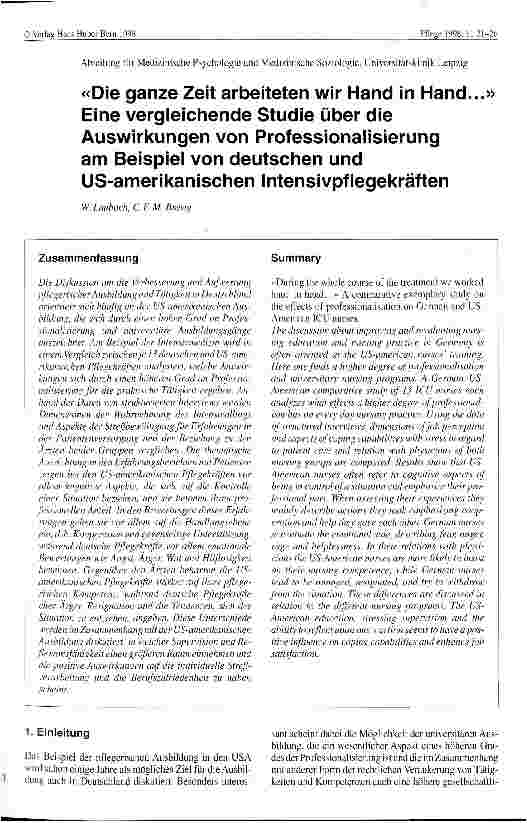Vorschauseite 1: Die ganze Zeit arbeiten wir Hand in Hand. .. - Vergleichende Studie über Auswirkungen von Professionalisierung in der Intensivpflege (USA und BRD)