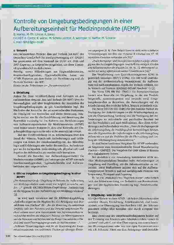 Vorschauseite 1: Kontrolle von Umgebungsbedingungen in einer Aufbereitungseinheit für Medizinprodukte (AEMP)