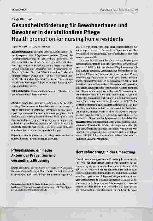 Vorschauseite 1: Gesundheitsförderung für Bewohnerinnen und Bewohner in der stationären Pflege