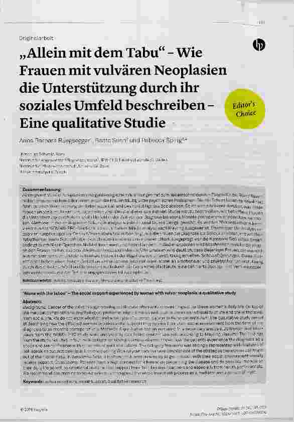 Vorschauseite 1: „Allein mit dem Tabu“ Wie Frauen mit vulvären Neoplasien die Unterstützung durch ihr soziales Umfeld beschreiben Eine qualitative Studie