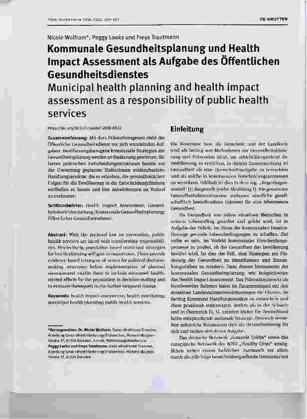 Vorschauseite 1: Kommunale Gesundheitsplanung und Health Impact Assessment als Aufgabe des Öffentlichen Gesundheitsdienstes