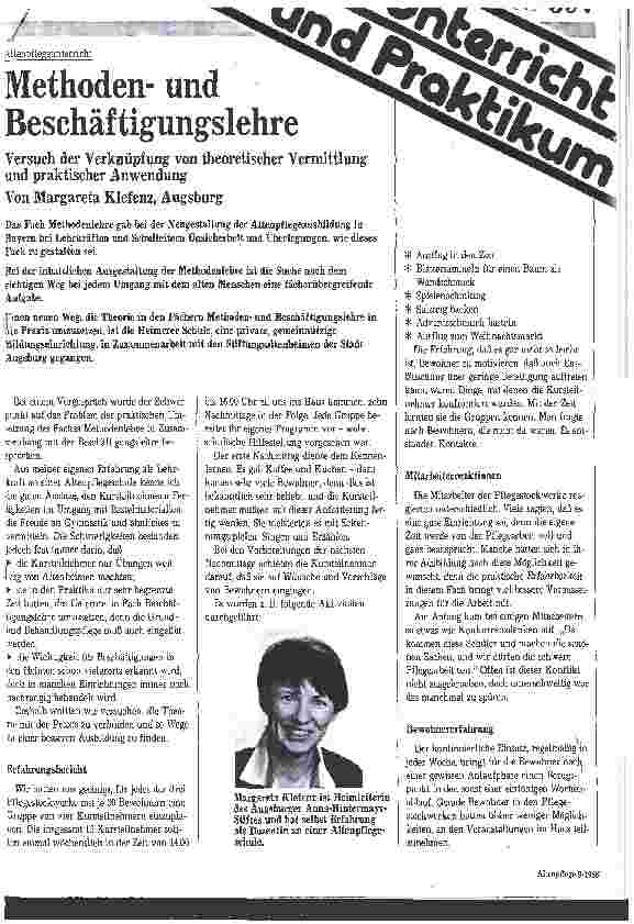 Vorschauseite 1: Altenpflegeunterricht: Methodenund Beschäftigungslehre / Versuch der Verknüpfung von theoretischer Vermittlung u. praktischer Anwendung
