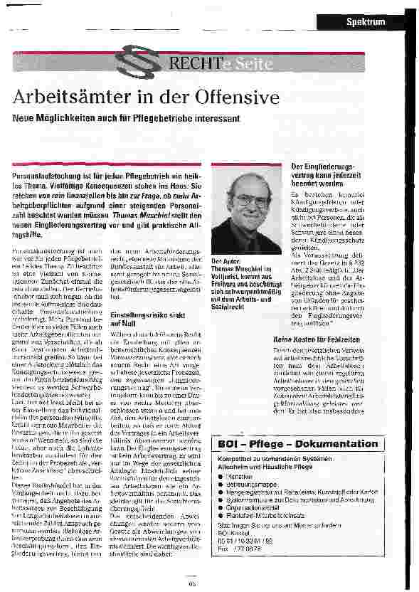 Vorschauseite 1: Arbeitsämter in der Offensive Neue Möglichkeiten auch für Pflegebetriebe interessant