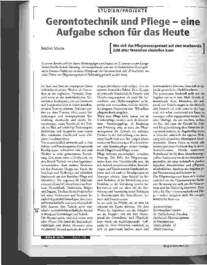 Vorschauseite 1: Gerontotechnik und Pflege - eine Aufgabe schon für das Heute Wie sich das Pflegemanagement auf eine wachsende Zahl alter Menschen einstellen kann