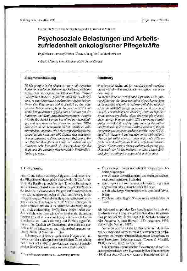 Vorschauseite 1: Psychosoziale Belastungen und Arbeitszufriedenheit onkologischer Pflegekräfte