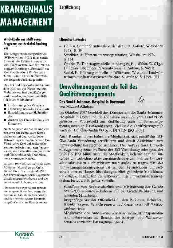 Vorschauseite 1: Umweltmanagement als Teil des Qualitätsmanagements Das St.Johannes-Hospital in Dortmund