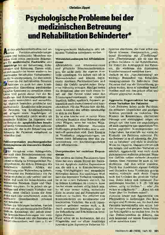 Vorschauseite 1: Psychologische Probleme bei der medizinischen Betreuung und Rehabilitation Behinderter