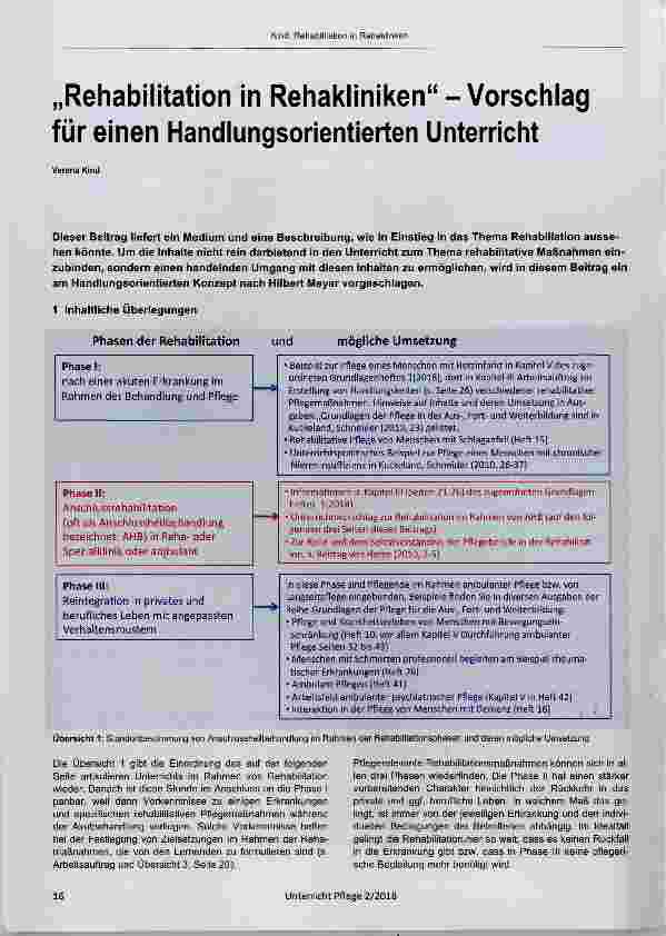 Vorschauseite 1: „Rehabilitation in Rehakliniken“ Vorschlag für einen Handlungsorientierten Unterricht