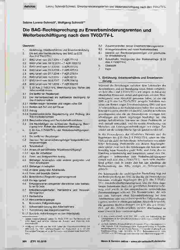Vorschauseite 1: Die BAG-Rechtsprechung zu Erwerbsminderungsrenten und Weiterbeschäftigung nach dem TVöD/TV-L