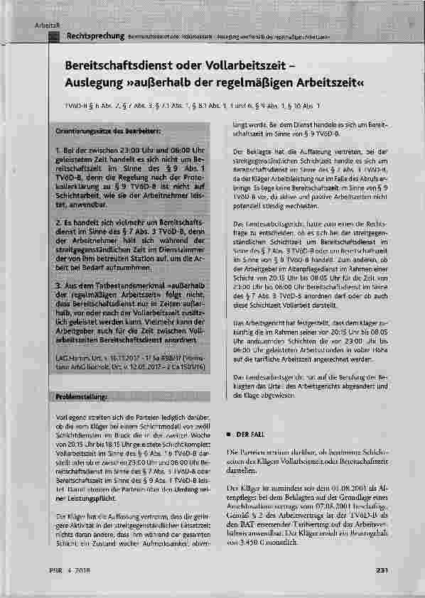Vorschauseite 1: Bereitschaftsdienst oder Vollarbeitszeit Auslegung außerhalb der regelmäßigen Arbeitszeit