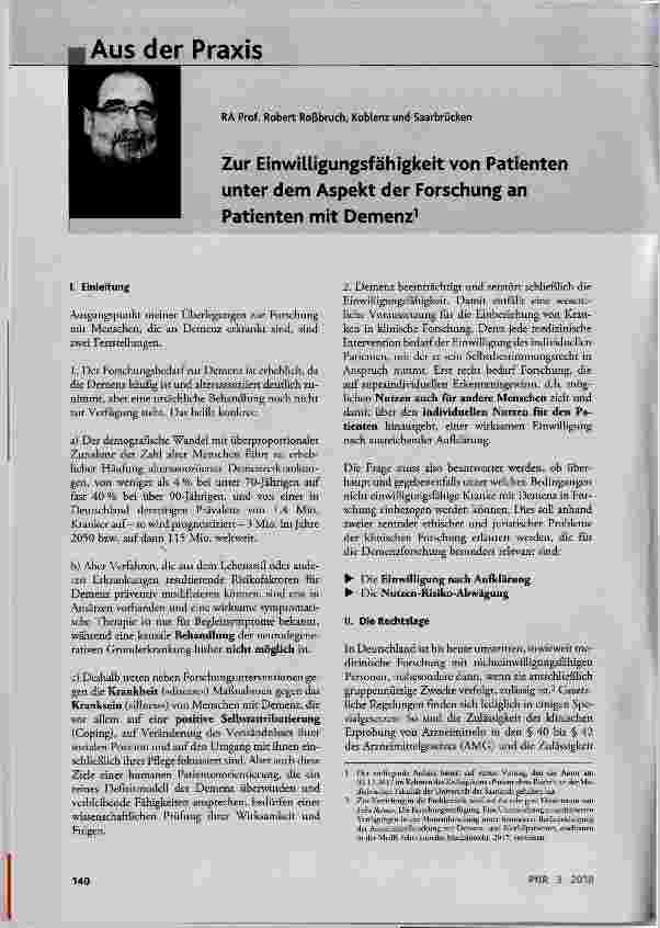 Vorschauseite 1: Zur Einwilligungsfähigkeit von Patienten unter dem Aspekt der Forschung an Patienten mit Demenz