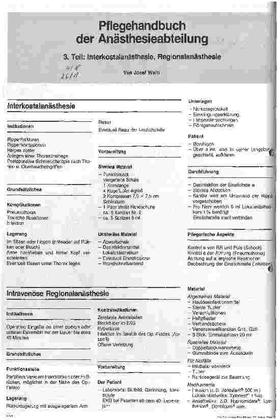Vorschauseite 1: Pflegehandbuch der Anästhesieabteilung 3. Teil: Interkostalanästhesie, Regionalanästhesie