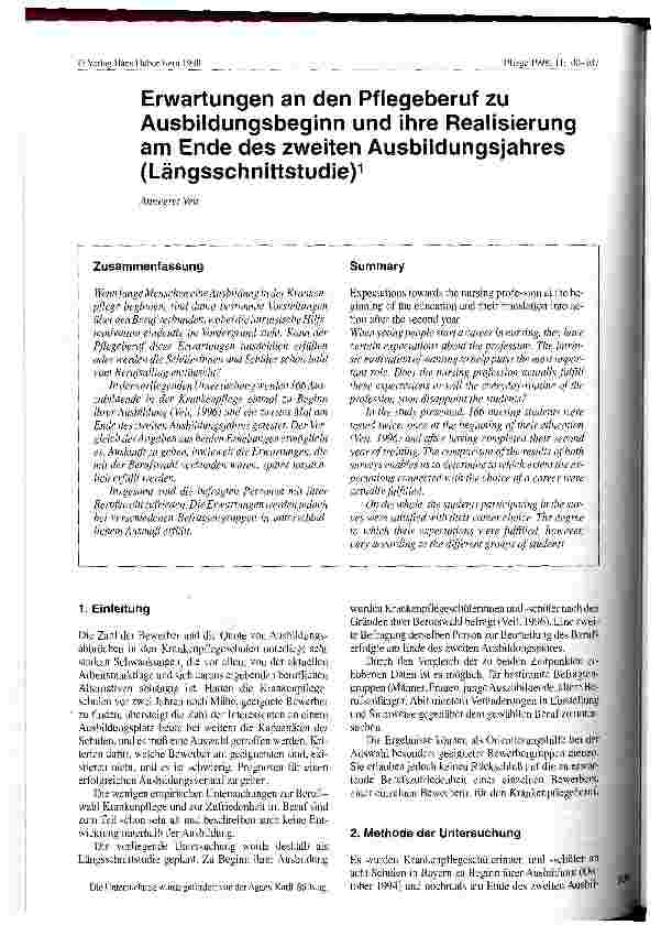 Vorschauseite 1: Erwartungen an den Pflegeberuf zu Ausbildungsbeginn und ihre Realisierung am Ende des zweiten Ausbildungsjahres (Längsschnittstudie)