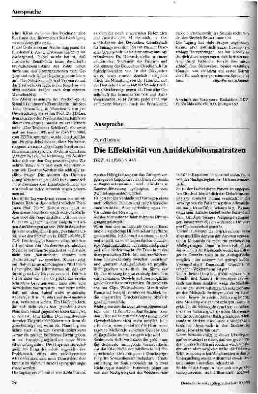 Vorschauseite 1: Zum Thema: Die Effektivität von Antidekubitusmatratzen DKZ Juni 1988 S. 443 ff.