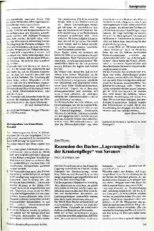 Vorschauseite 2: Zum Thema: Die Effektivität von Antidekubitusmatratzen DKZ Juni 1988 S. 443 ff.