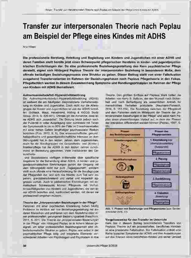 Vorschauseite 1: Transfer zur interpersonalen Theorie nach Peplau am Beispiel der Pflege eines Kindes mit ADHS