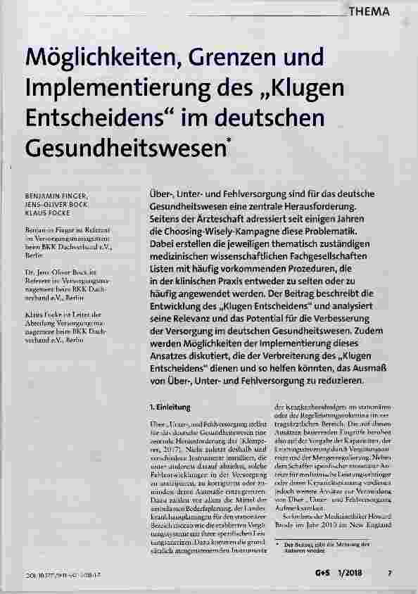 Vorschauseite 1: Möglichkeiten, Grenzen und Implementierung des „Klugen Entscheidens“ im deutschen Gesundheitswesen