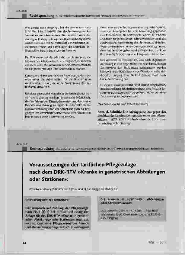 Vorschauseite 1: Voraussetzungen der tariflichen Pflegezulage nach dem DRK-RTV »Kranke in geriatrischen Abteilungen oder Stationen«