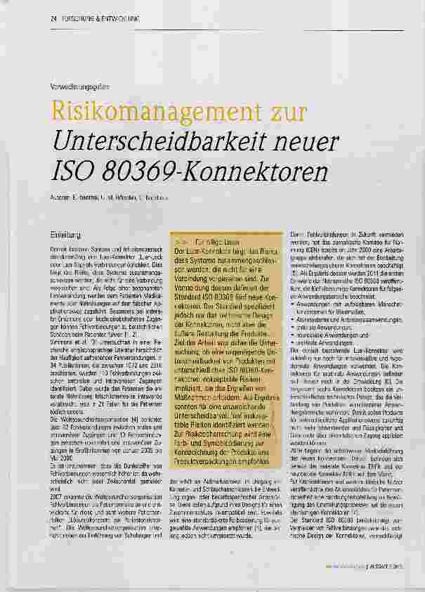 Vorschauseite 1: Risikomanagement zur Unterscheidbarkeit neuer ISO 80369-Konnektoren