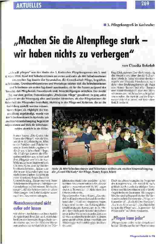 Vorschauseite 1: Machen Sie die Altenpflege stark - wir haben nichts zu verbergen 3. Pflegekongreß in Karlsruhe