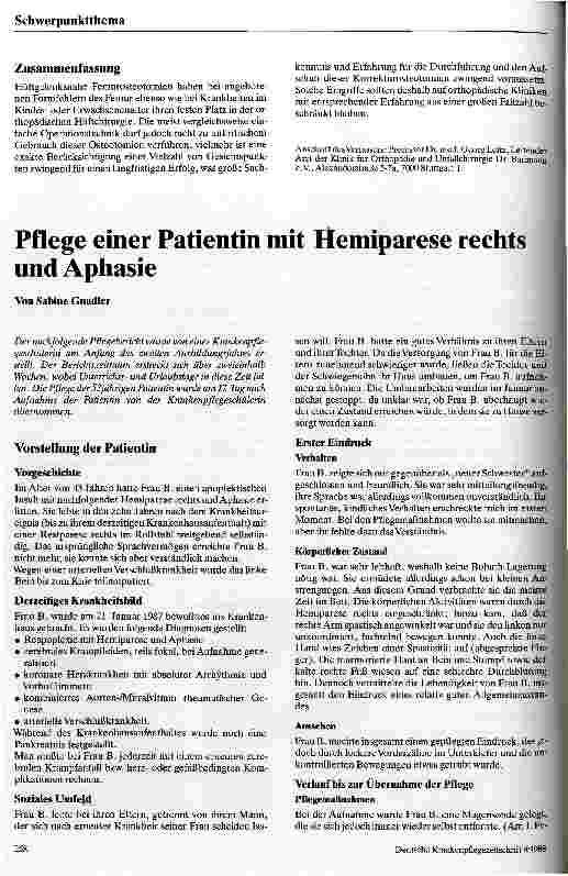 Vorschauseite 1: Pflege einer Patientin mit Hemiparese rechts und Aphasie