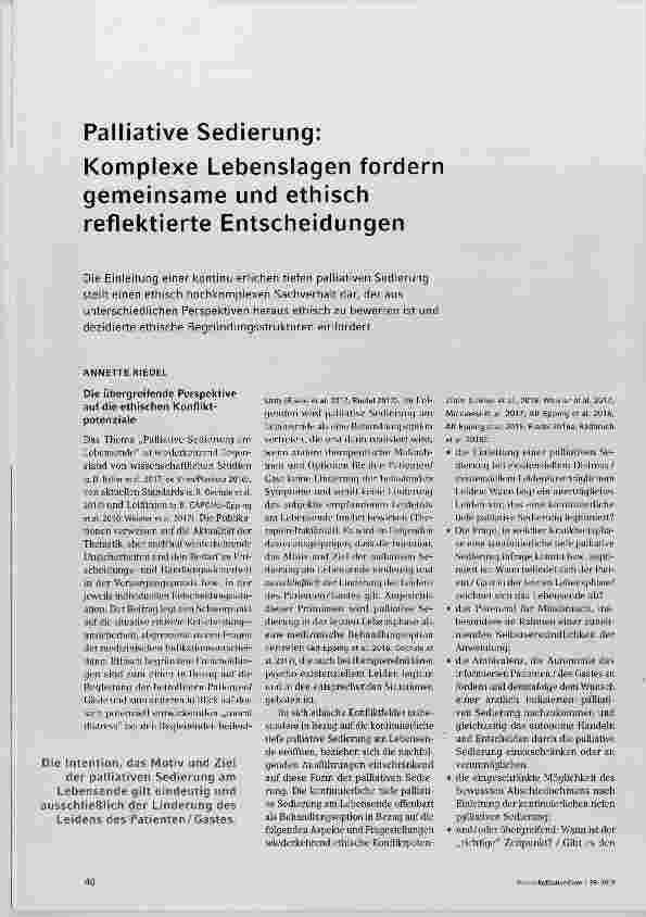 Vorschauseite 1: Palliative Sedierung: Komplexe Lebenslagen fordern gemeinsame und ethisch reflektierte Entscheidungen