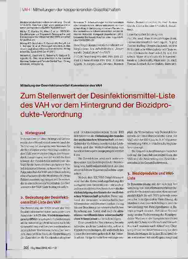 Vorschauseite 1: Zum Stellenwert der Desinfektionsmittel-Liste des VAH vor dem Hintergrund der Biozidprodukte-Verordnung