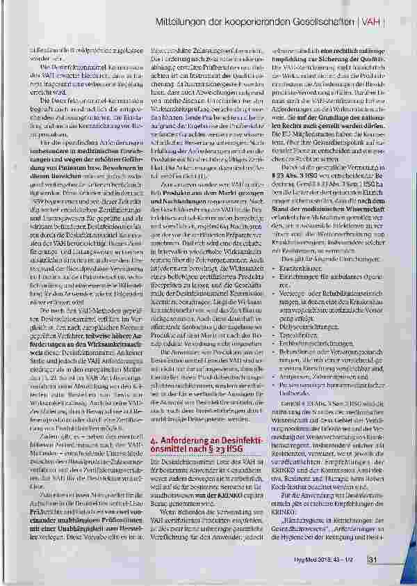 Vorschauseite 2: Zum Stellenwert der Desinfektionsmittel-Liste des VAH vor dem Hintergrund der Biozidprodukte-Verordnung