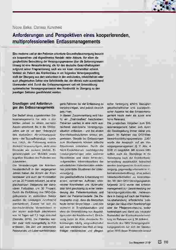 Vorschauseite 1: Anforderungen und Perspektiven eines kooperierenden, muitiprofessionellen Entlassmanagements
