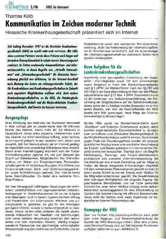 Vorschauseite 1: Kommunikation im Zeichen moderner Technik Hessische Krankenhausgesllschaft präsentiert sich im Internet