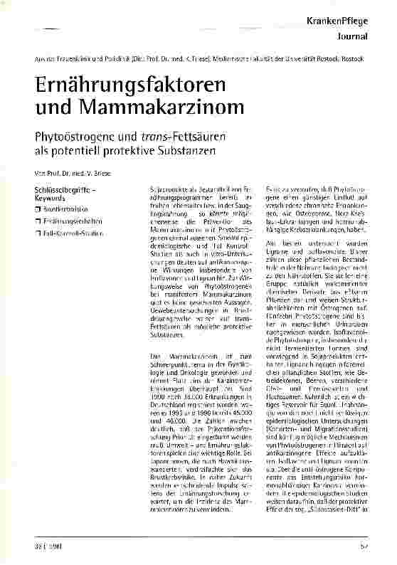 Vorschauseite 1: Ernährungsfaktoren und Mammakarzinom Phytoöstrogene und trans-Fettsäuren als potentiell protektive Substanzen