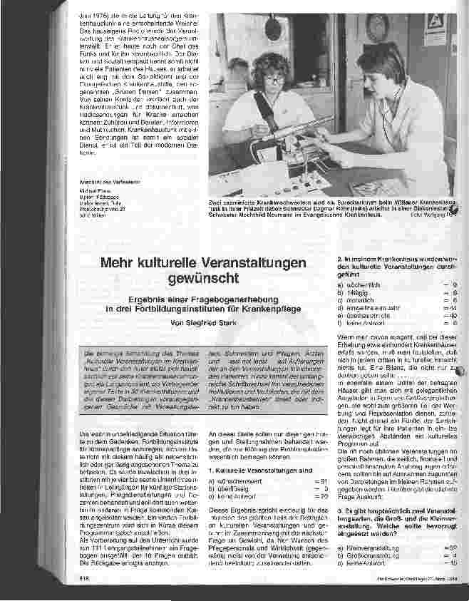 Vorschauseite 1: Unterhaltung im Krankenhaus / Mehr kulturelle Veranstaltungen gewünscht -- Ergebnis einer Fragebogenerhebung
