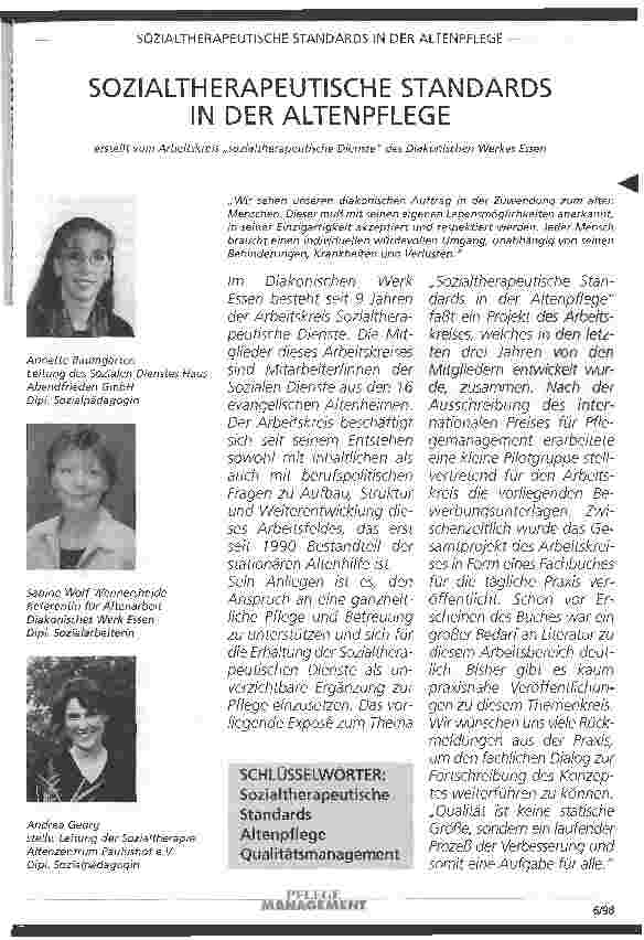 Vorschauseite 1: Sozialtherapeutische Standards in der Altenpflege erstellt von dem Arbeitskreis sozialtherapeutische Dienste des Diakonoschen Werks Essen