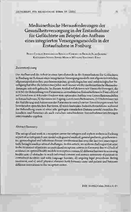 Vorschauseite 1: Medizinethische Herausforderungen der Gesundheitsversorgung in der Erstaufnahmefür Geflüchtete am Beispiel des Aufbaus eines integrierten Versorgungsmodells in derErstaufnahme in…