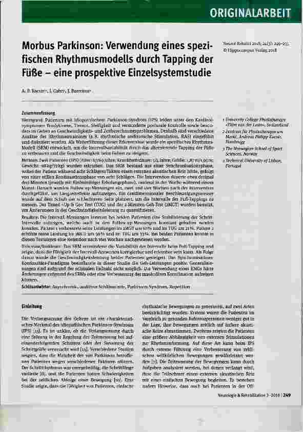 Vorschauseite 1: Morbus Parkinson: Verwendung eines spezifischen Rhythmusmodeils durch Tapping der Füße eine prospektive Einzelsystemstudie