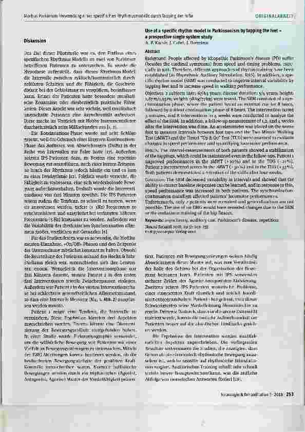Vorschauseite 5: Morbus Parkinson: Verwendung eines spezifischen Rhythmusmodeils durch Tapping der Füße eine prospektive Einzelsystemstudie