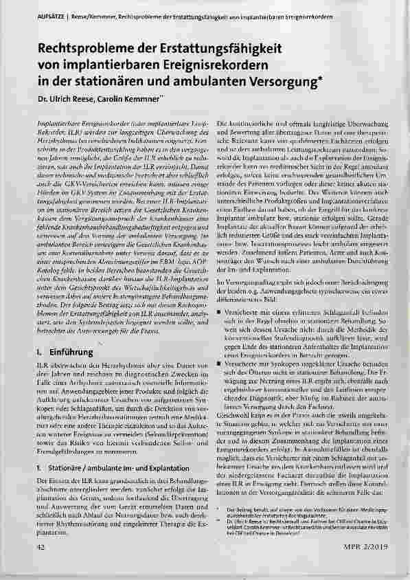 Vorschauseite 1: Rechtsprobleme der Erstattungsfähigkeit von implantierbaren Ereignisrekordernin der stationären und ambulanten Versorgung