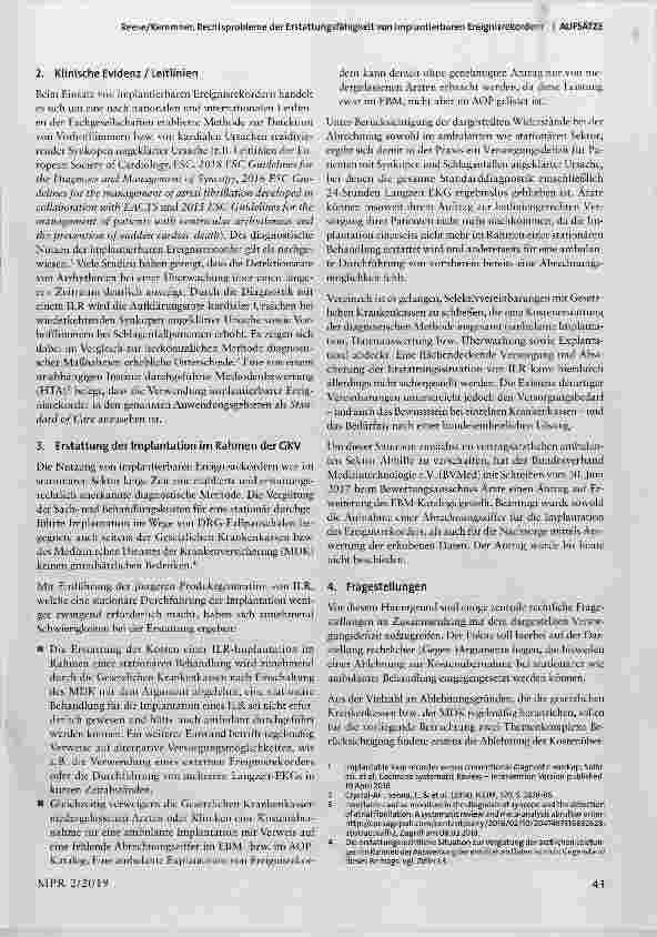 Vorschauseite 2: Rechtsprobleme der Erstattungsfähigkeit von implantierbaren Ereignisrekordernin der stationären und ambulanten Versorgung